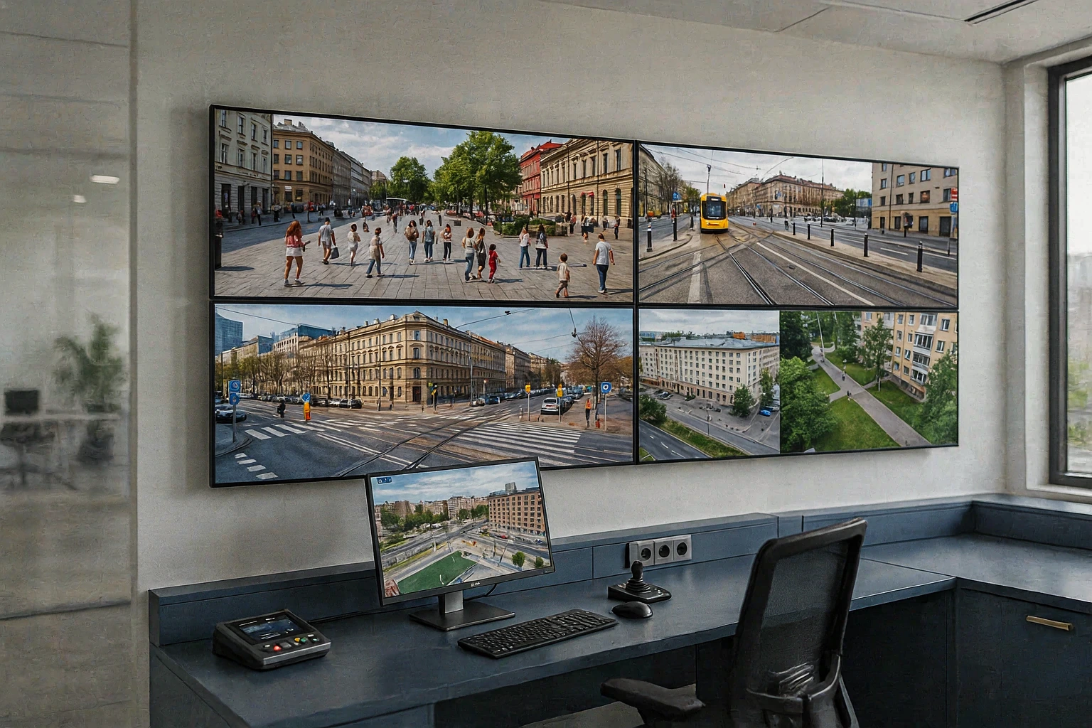 Wyobrażone miejskie centrum monitoringu z ekranami pokazującymi ulice. Ilustracja AI.